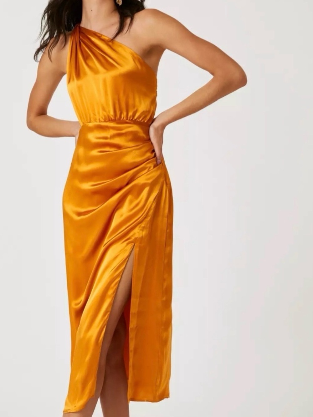 Anthropologie Copper Gold Silk One Shoulder Midi Dress 4
